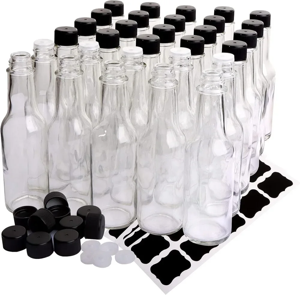 30 Pack Sauce Bottles, 5oz Clear, Black Caps, Snap On Dripper Inserts, Labels